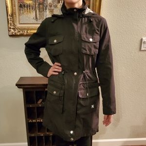 Hurley Women's Lightweight Hooded Long Jacket - Rain Jacket - Black, Medium, EUC